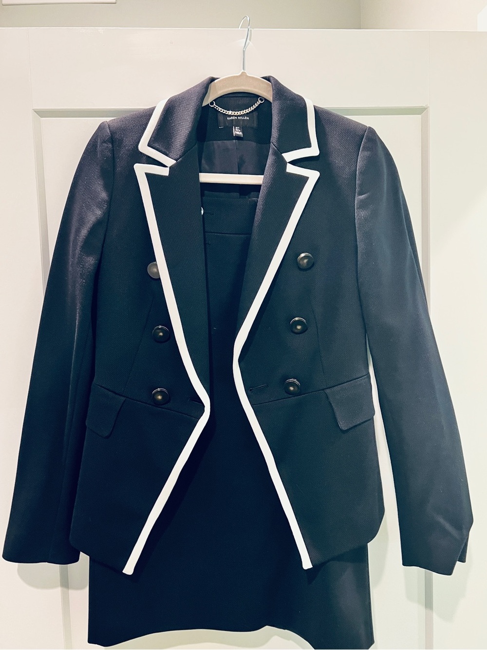 Karen Millen Navy White Nautical Contrast Trim Skirt Suit Set (Blazer 4/Skirt 8)